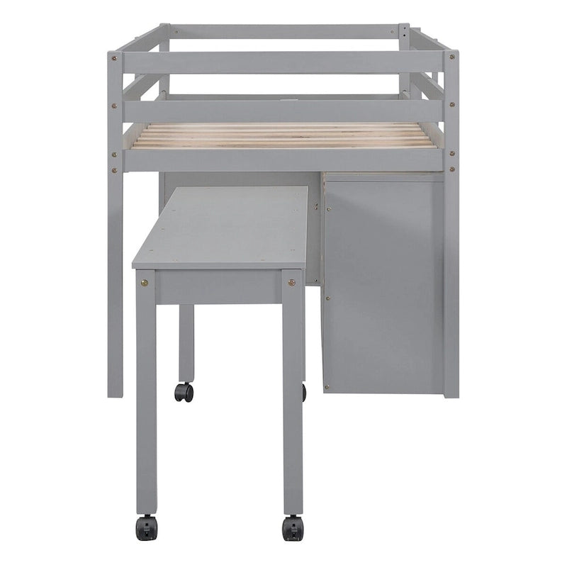 Niedriges Hochbett aus Kiefernholz mit ausziehbarem Schreibtisch, 4 Schubladen und seitlicher Leiter, Twin Full, grau, weiß