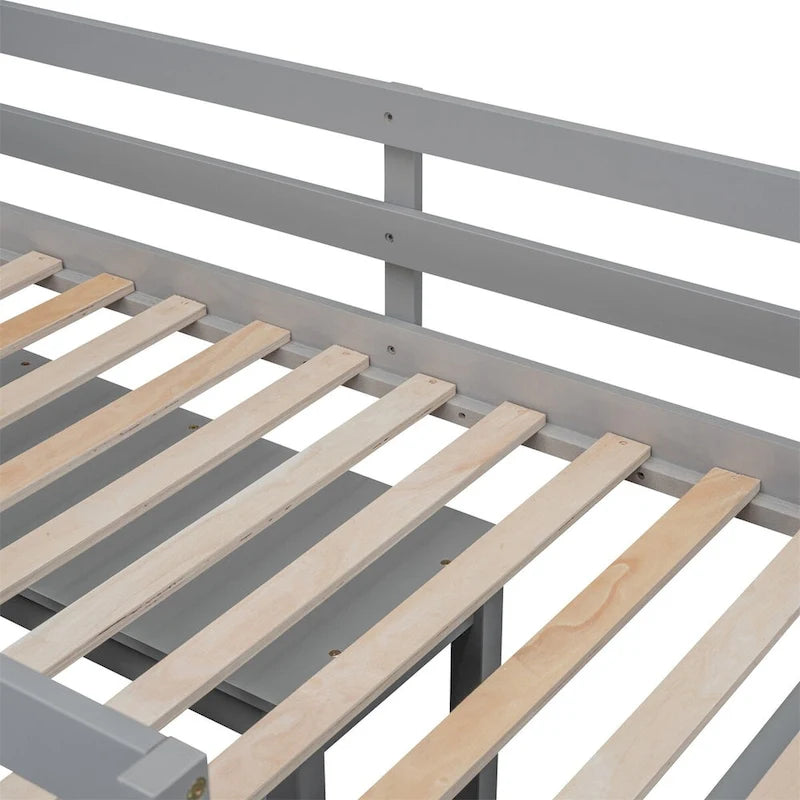 Niedriges Hochbett aus Kiefernholz mit ausziehbarem Schreibtisch, 4 Schubladen und seitlicher Leiter, Twin Full, grau, weiß