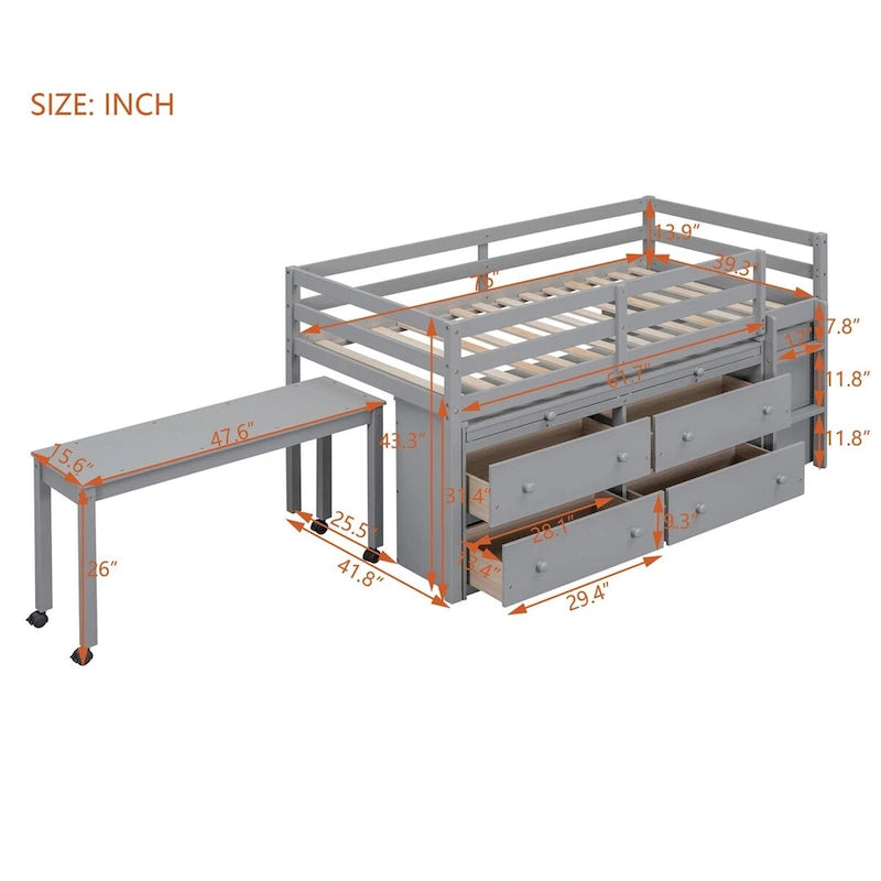 Niedriges Hochbett aus Kiefernholz mit ausziehbarem Schreibtisch, 4 Schubladen und seitlicher Leiter, Twin Full, grau, weiß