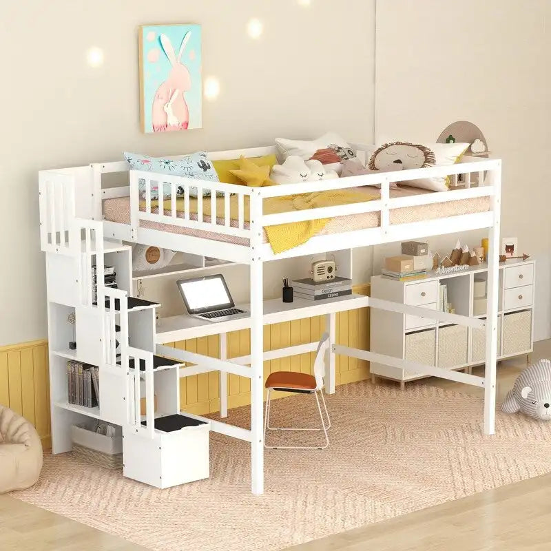 Wood Loft Bed with Built-in Desk,Bookshelves and Storage Staircase,Full Size