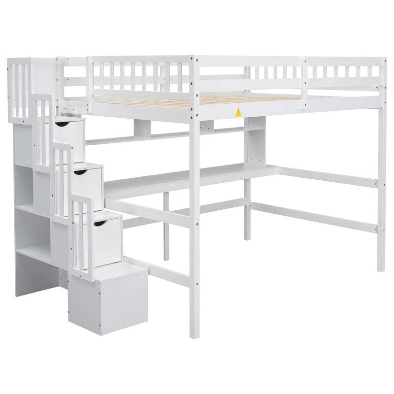 Hochbett in Full Size aus Kiefernholz mit Schreibtisch, offenen Bücherregalen und Aufbewahrungstreppe mit Schranktüren, weiß