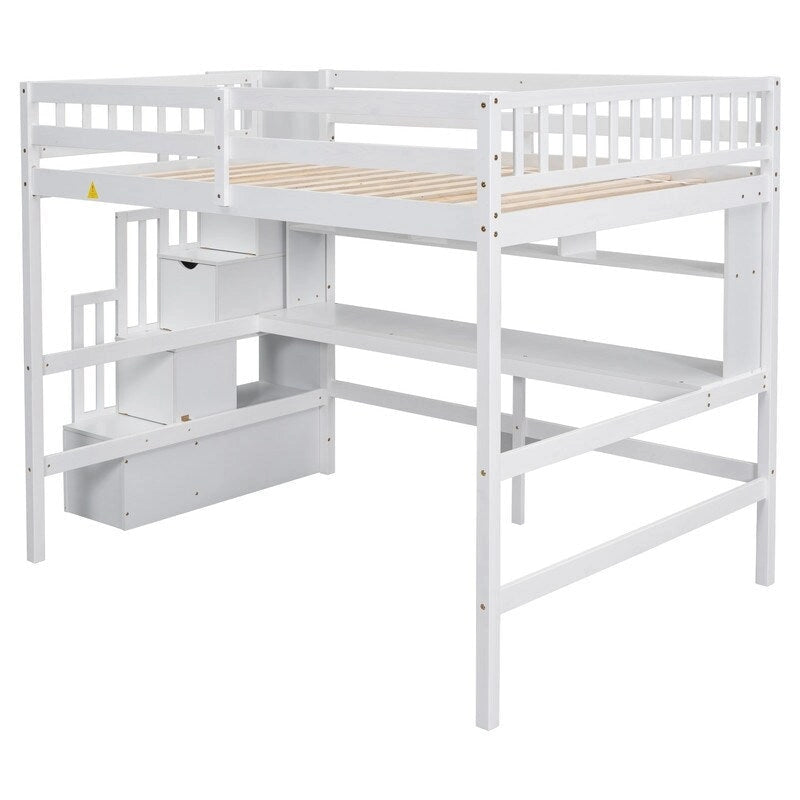 Hochbett in Full Size aus Kiefernholz mit Schreibtisch, offenen Bücherregalen und Aufbewahrungstreppe mit Schranktüren, weiß