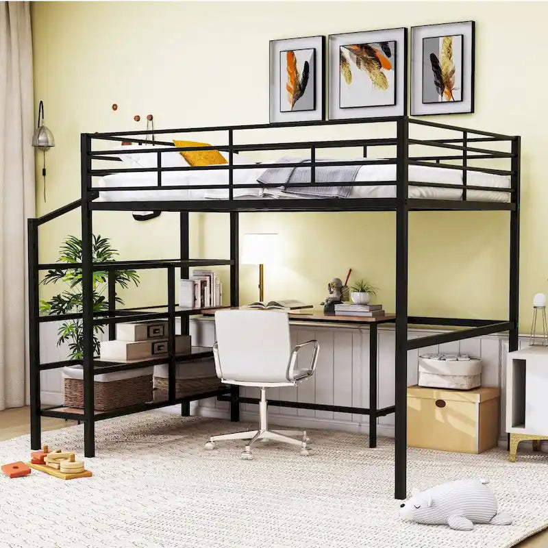Full Size Metal Loft Bed with Under-Bed Desk and 4-Tier Storage Ladder, Black