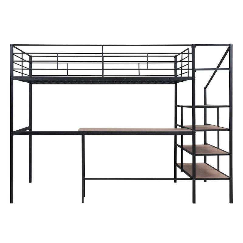 Full Size Metal Loft Bed with Under-Bed Desk and 4-Tier Storage Ladder, Black