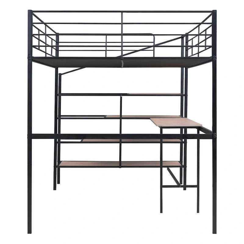 Full Size Metal Loft Bed with Under-Bed Desk and 4-Tier Storage Ladder, Black