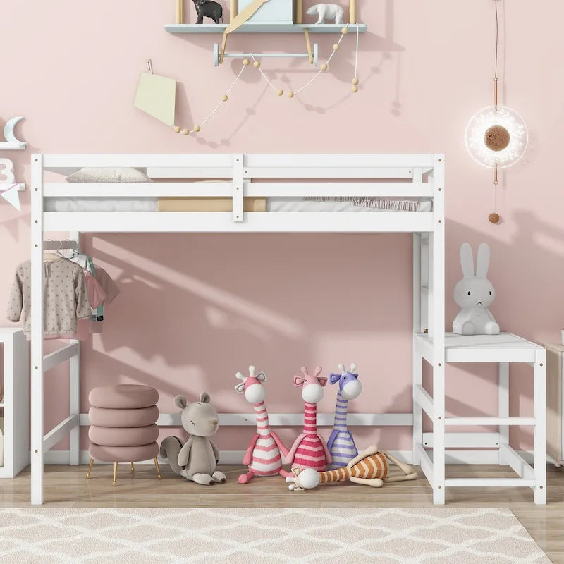 Twin High Loft Bed with Landing Platform, Clothing Rail and Storage Shelf, Gray White
