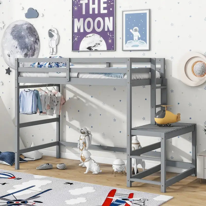 Twin High Loft Bed with Ladder landing Platform, Ladders, Guardrails