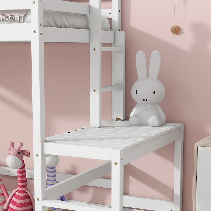 Letto a soppalco alto singolo con piattaforma di accesso, barra appendiabiti e ripiano portaoggetti, grigio bianco