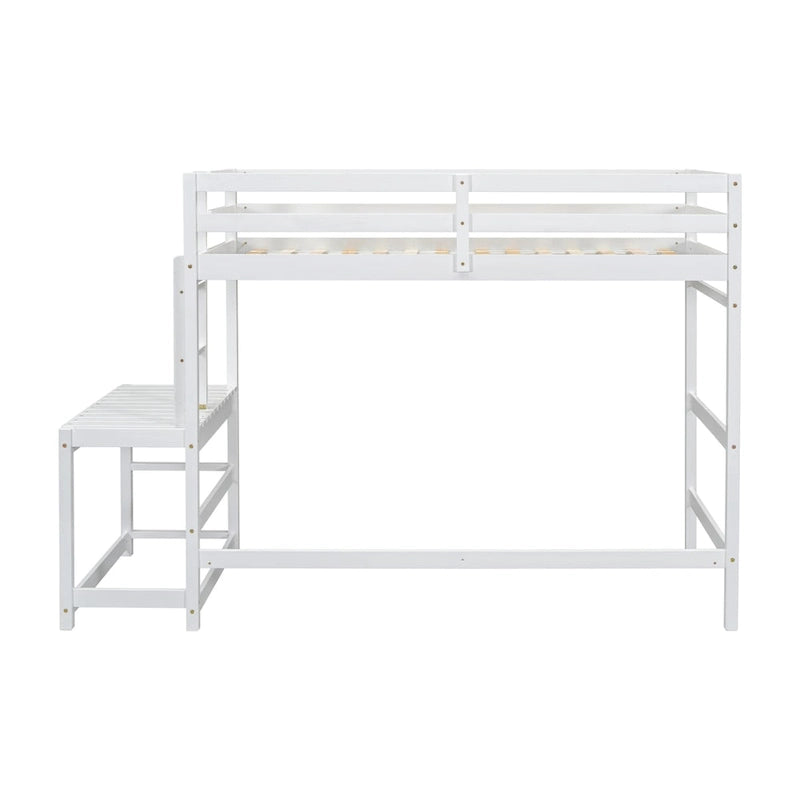 Letto a soppalco alto singolo con piattaforma di accesso, barra appendiabiti e ripiano portaoggetti, grigio bianco