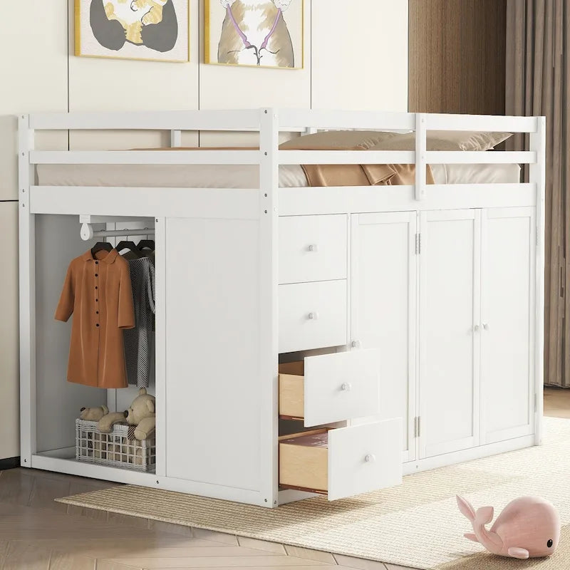 Lit mezzanine double en bois avec armoire à deux portes, 4 tiroirs et escalier de rangement, gris et blanc