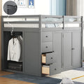 Lit mezzanine double en bois avec armoire à deux portes, 4 tiroirs et escalier de rangement, gris et blanc