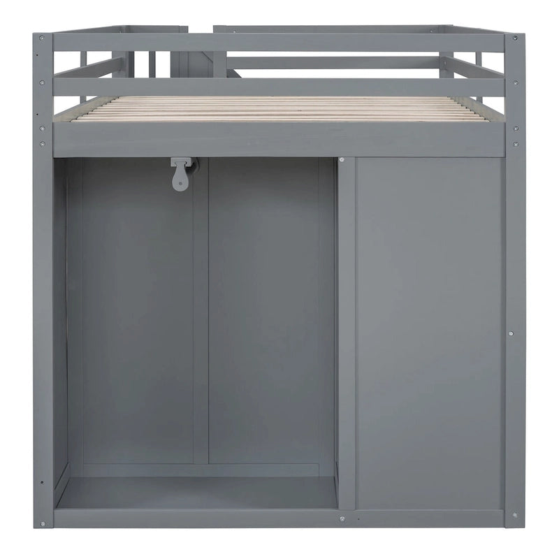 Lit mezzanine double en bois avec armoire à deux portes, 4 tiroirs et escalier de rangement, gris et blanc
