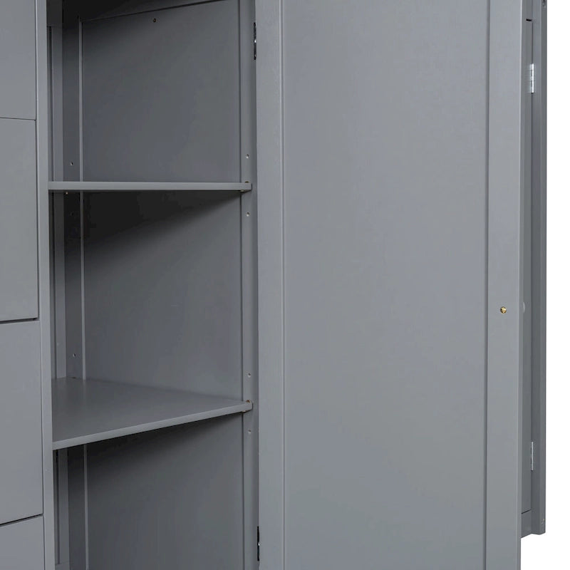 Lit mezzanine double en bois avec armoire à deux portes, 4 tiroirs et escalier de rangement, gris et blanc