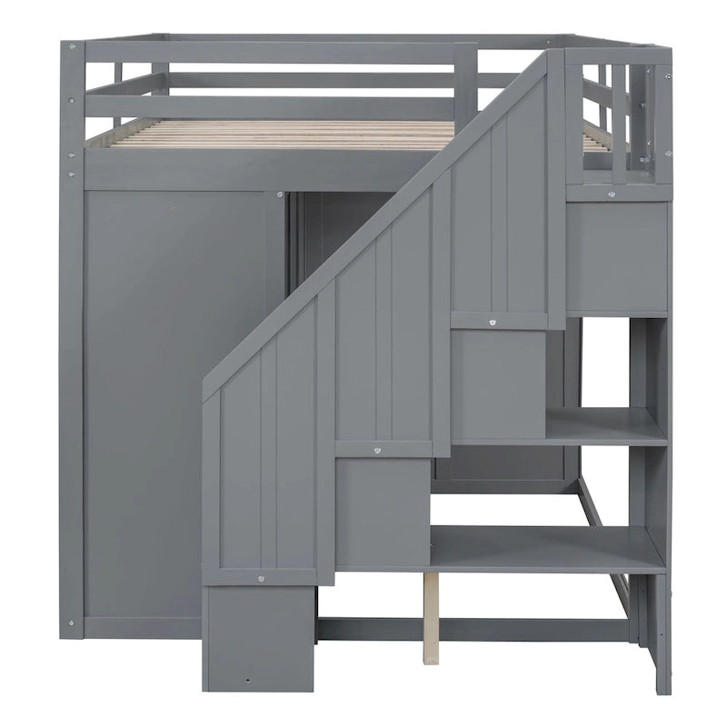 Lit mezzanine double en bois avec armoire à deux portes, 4 tiroirs et escalier de rangement, gris et blanc