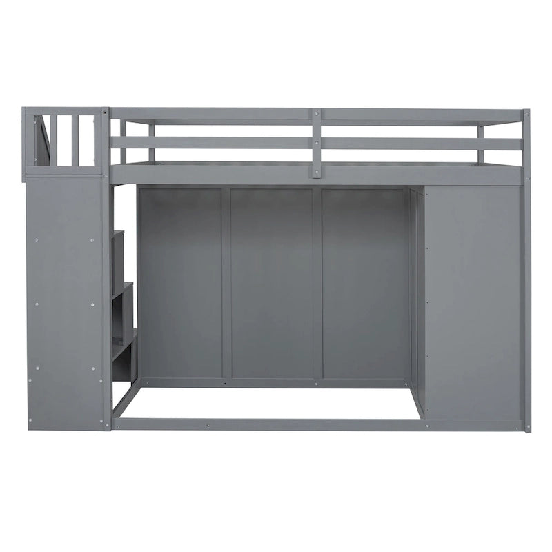 Lit mezzanine double en bois avec armoire à deux portes, 4 tiroirs et escalier de rangement, gris et blanc