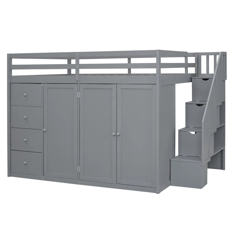 Lit mezzanine double en bois avec armoire à deux portes, 4 tiroirs et escalier de rangement, gris et blanc