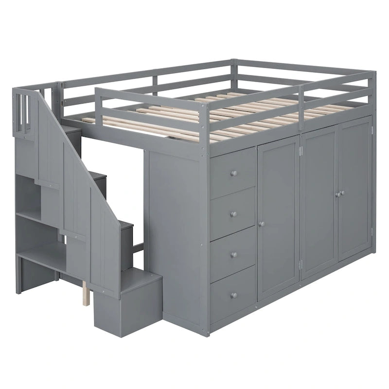 Lit mezzanine double en bois avec armoire à deux portes, 4 tiroirs et escalier de rangement, gris et blanc