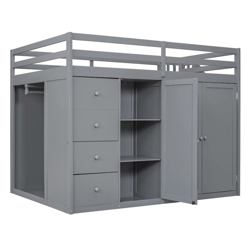 Lit mezzanine double en bois avec armoire à deux portes, 4 tiroirs et escalier de rangement, gris et blanc
