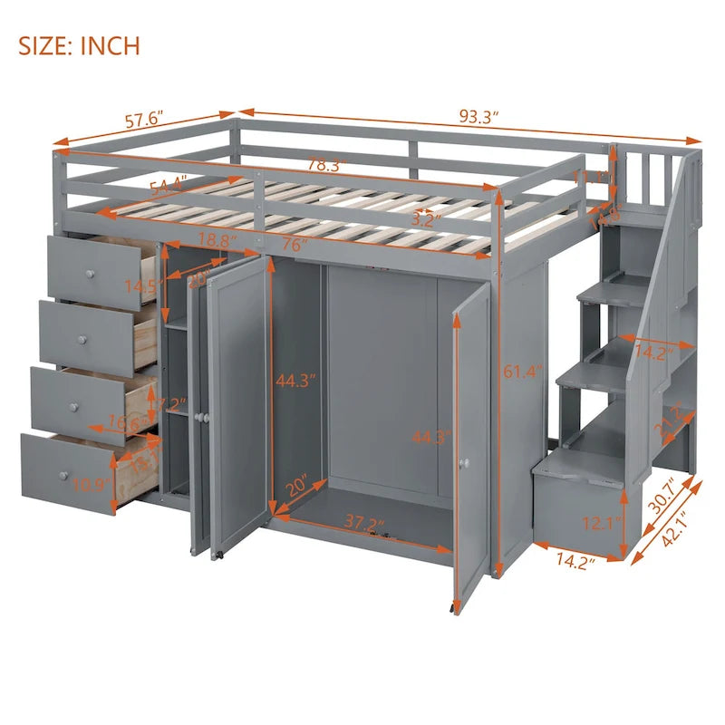 Lit mezzanine double en bois avec armoire à deux portes, 4 tiroirs et escalier de rangement, gris et blanc