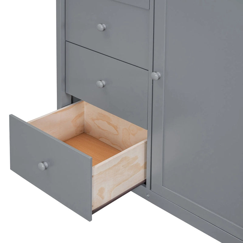 Lit mezzanine double en bois avec armoire à deux portes, 4 tiroirs et escalier de rangement, gris et blanc