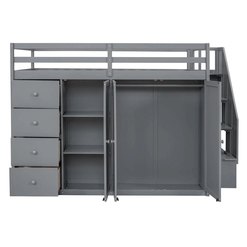 Lit mezzanine double en bois avec armoire à deux portes, 4 tiroirs et escalier de rangement, gris et blanc