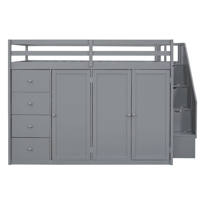 Lit mezzanine double en bois avec armoire à deux portes, 4 tiroirs et escalier de rangement, gris et blanc