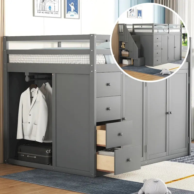 Lit mezzanine double en bois avec armoire à deux portes, 4 tiroirs et escalier de rangement, gris et blanc
