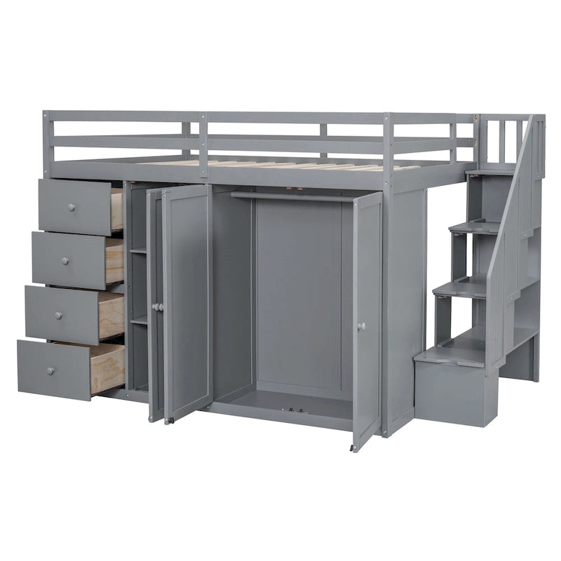 Lit mezzanine double en bois avec armoire à deux portes, 4 tiroirs et escalier de rangement, gris et blanc