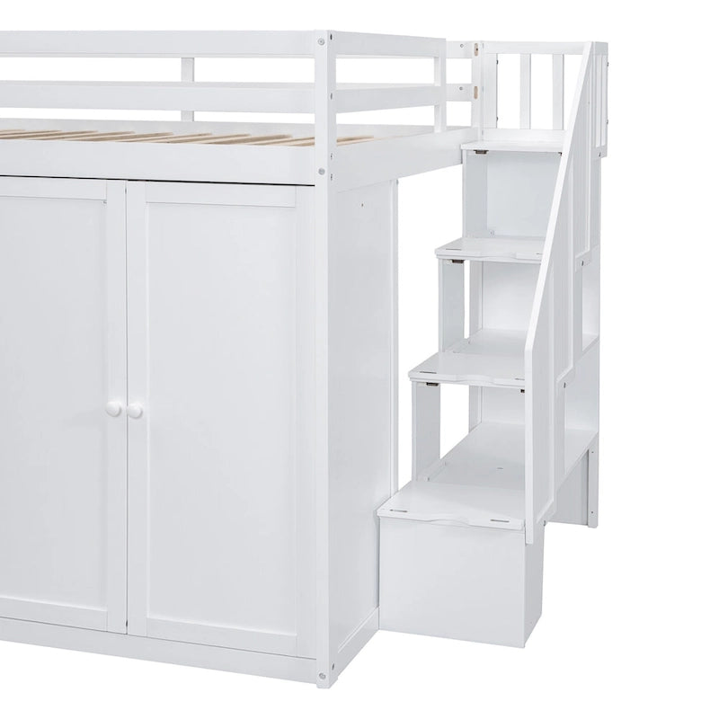 Lit mezzanine double en bois avec armoire à deux portes, 4 tiroirs et escalier de rangement, gris et blanc
