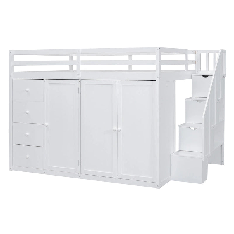 Lit mezzanine double en bois avec armoire à deux portes, 4 tiroirs et escalier de rangement, gris et blanc