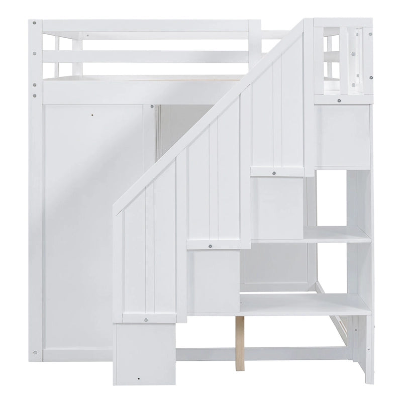 Lit mezzanine double en bois avec armoire à deux portes, 4 tiroirs et escalier de rangement, gris et blanc
