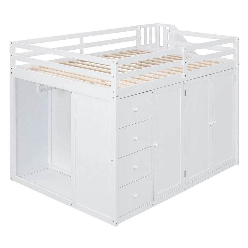 Lit mezzanine double en bois avec armoire à deux portes, 4 tiroirs et escalier de rangement, gris et blanc