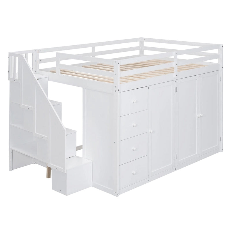 Lit mezzanine double en bois avec armoire à deux portes, 4 tiroirs et escalier de rangement, gris et blanc