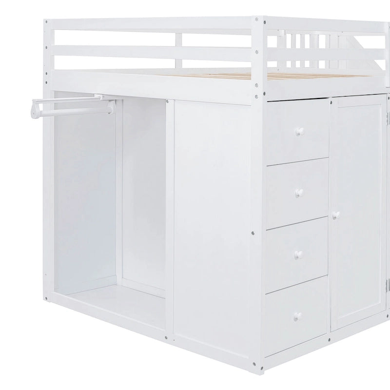 Lit mezzanine double en bois avec armoire à deux portes, 4 tiroirs et escalier de rangement, gris et blanc