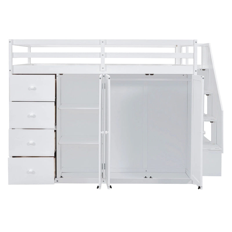 Lit mezzanine double en bois avec armoire à deux portes, 4 tiroirs et escalier de rangement, gris et blanc