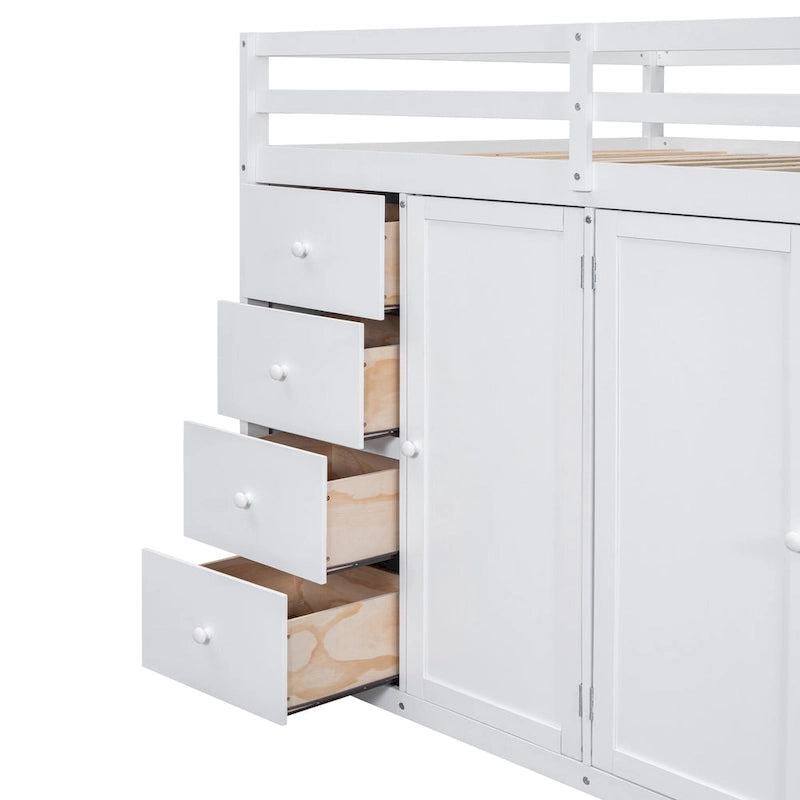 Lit mezzanine double en bois avec armoire à deux portes, 4 tiroirs et escalier de rangement, gris et blanc
