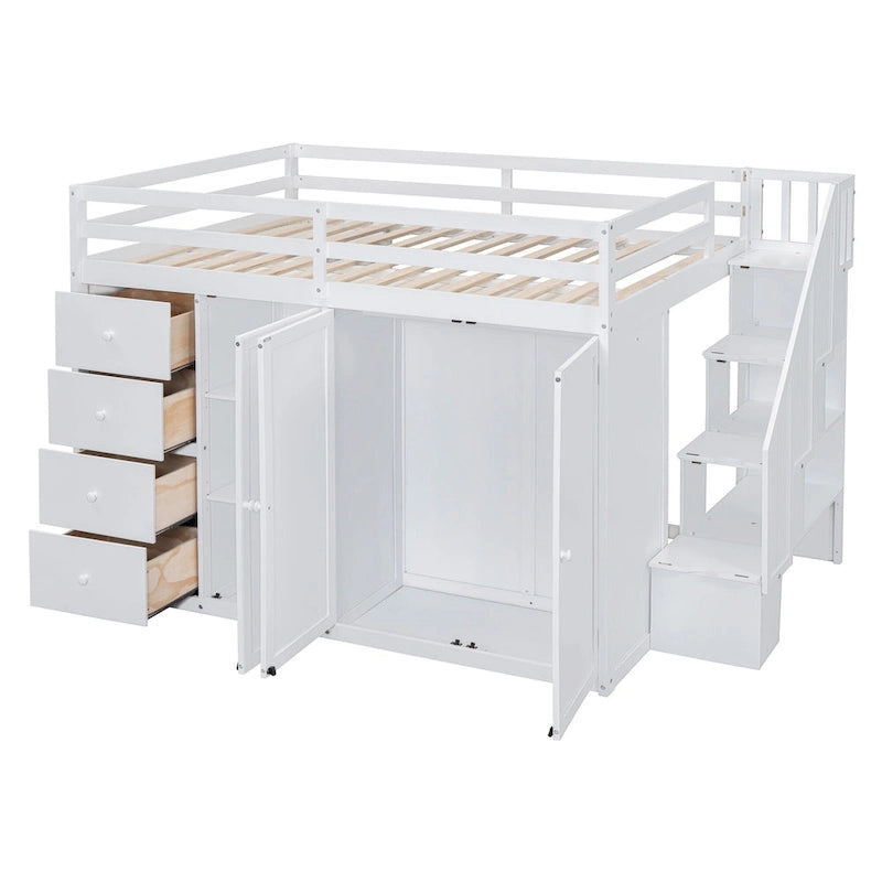 Lit mezzanine double en bois avec armoire à deux portes, 4 tiroirs et escalier de rangement, gris et blanc