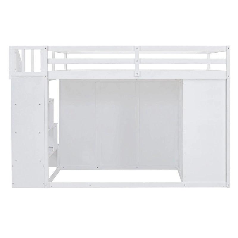 Lit mezzanine double en bois avec armoire à deux portes, 4 tiroirs et escalier de rangement, gris et blanc