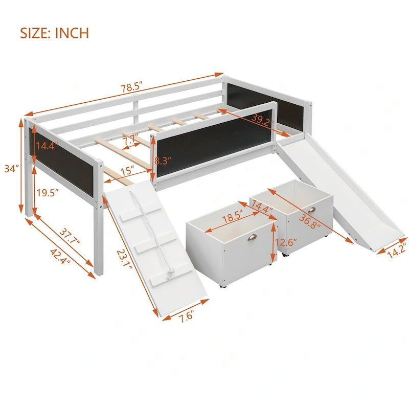 Cama baja tipo loft para niños gemelos con tobogán, estructura para trepar, panel de pizarra y 2 cajas de almacenamiento con ruedas, espresso natural gris blanco