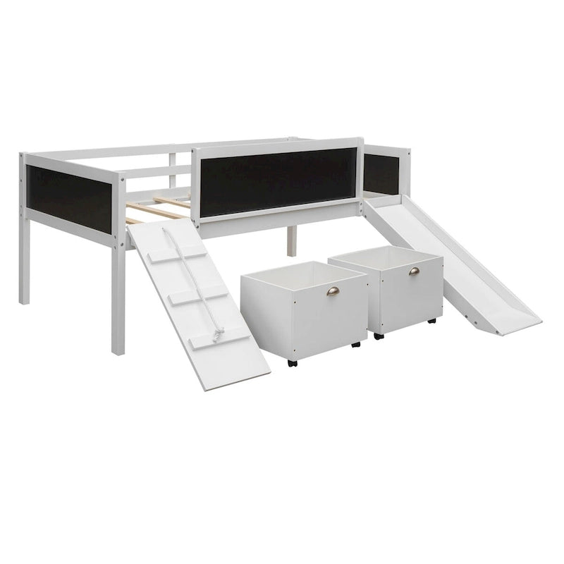 Cama baja tipo loft para niños gemelos con tobogán, estructura para trepar, panel de pizarra y 2 cajas de almacenamiento con ruedas, espresso natural gris blanco