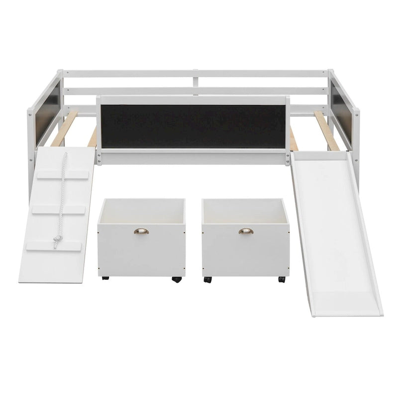 Cama baja tipo loft para niños gemelos con tobogán, estructura para trepar, panel de pizarra y 2 cajas de almacenamiento con ruedas, espresso natural gris blanco