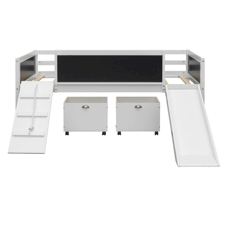 Cama baja tipo loft para niños gemelos con tobogán, estructura para trepar, panel de pizarra y 2 cajas de almacenamiento con ruedas, espresso natural gris blanco