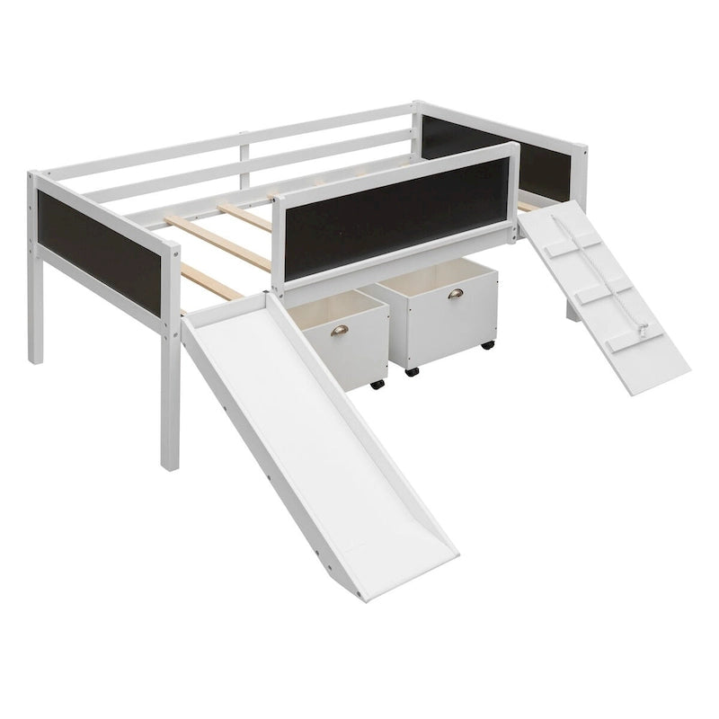 Cama baja tipo loft para niños gemelos con tobogán, estructura para trepar, panel de pizarra y 2 cajas de almacenamiento con ruedas, espresso natural gris blanco
