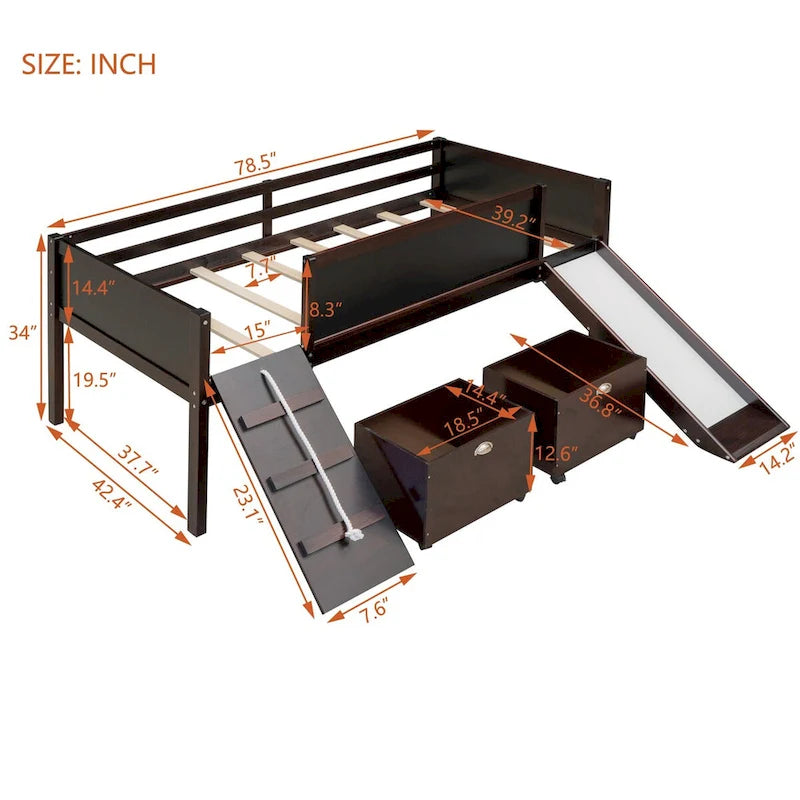 Cama baja tipo loft para niños gemelos con tobogán, estructura para trepar, panel de pizarra y 2 cajas de almacenamiento con ruedas, espresso natural gris blanco