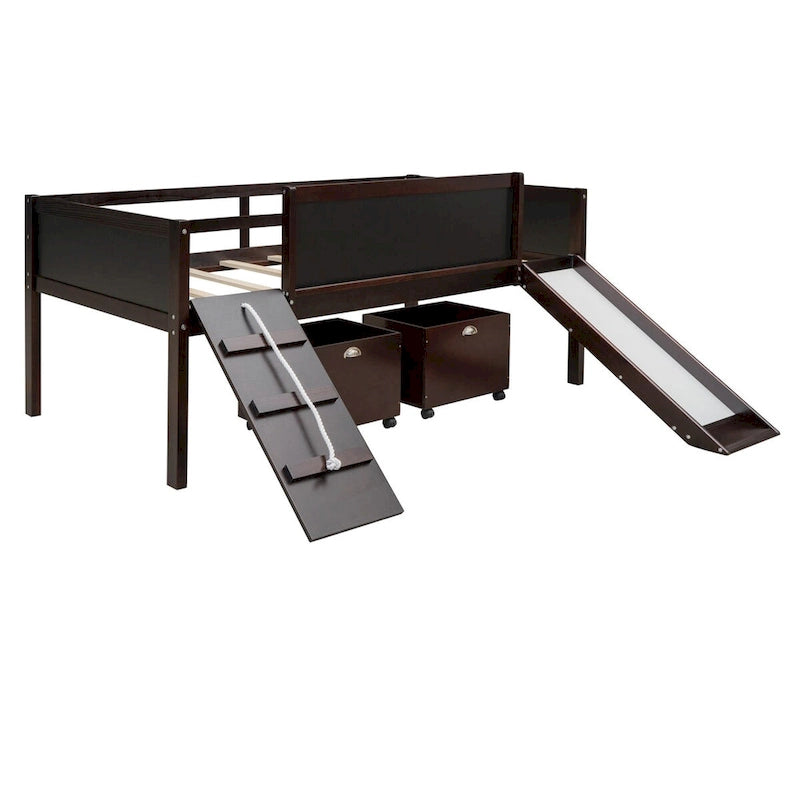 Cama baja tipo loft para niños gemelos con tobogán, estructura para trepar, panel de pizarra y 2 cajas de almacenamiento con ruedas, espresso natural gris blanco