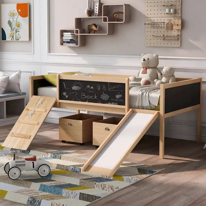 Cama baja tipo loft para niños gemelos con tobogán, estructura para trepar, panel de pizarra y 2 cajas de almacenamiento con ruedas, espresso natural gris blanco