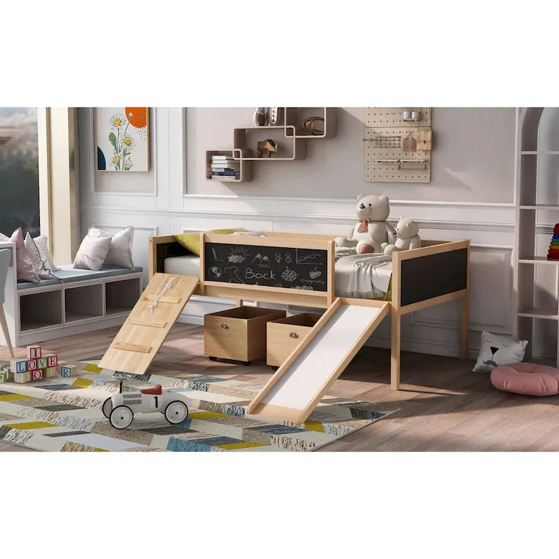 Cama baja tipo loft para niños gemelos con tobogán, estructura para trepar, panel de pizarra y 2 cajas de almacenamiento con ruedas, espresso natural gris blanco