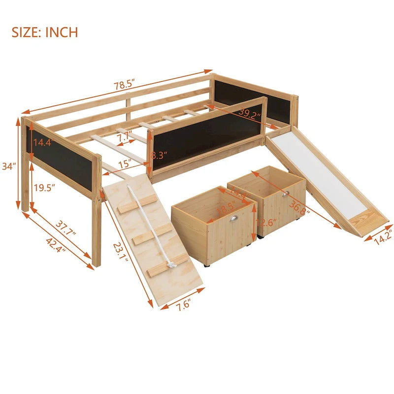 Cama baja tipo loft para niños gemelos con tobogán, estructura para trepar, panel de pizarra y 2 cajas de almacenamiento con ruedas, espresso natural gris blanco