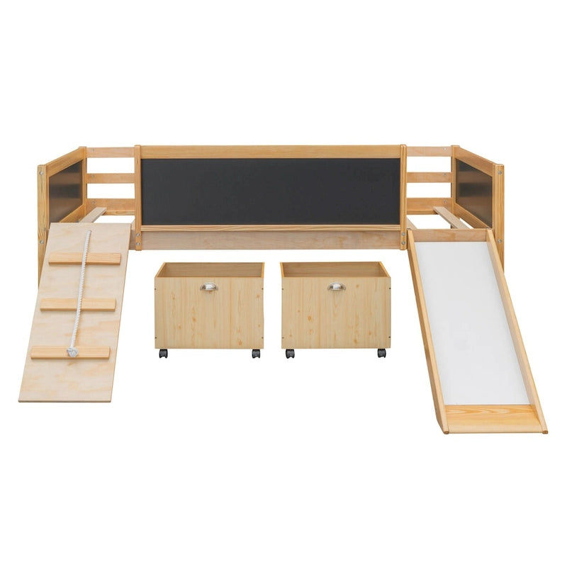 Cama baja tipo loft para niños gemelos con tobogán, estructura para trepar, panel de pizarra y 2 cajas de almacenamiento con ruedas, espresso natural gris blanco