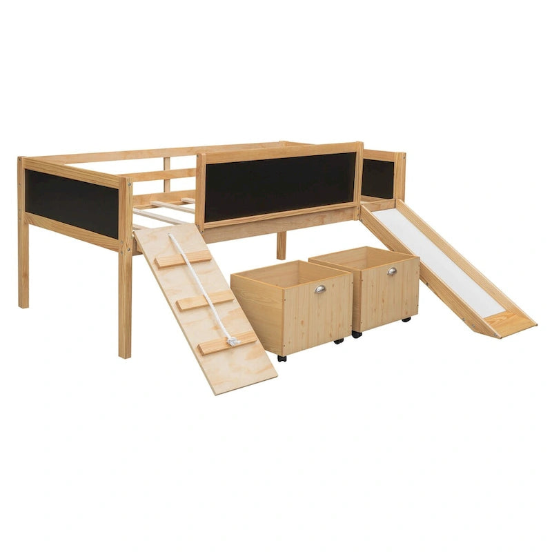 Cama baja tipo loft para niños gemelos con tobogán, estructura para trepar, panel de pizarra y 2 cajas de almacenamiento con ruedas, espresso natural gris blanco